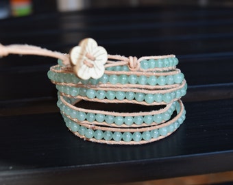 Five Wrap Beaded Bracelet with Flower Button