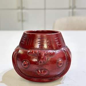 Vintage Marajoara Style Terracotta Pot, Brazilian Red Clay Face Pottery