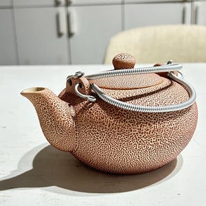 Könnte beinhalten: Eine runde, texturierte Teekanne in einem hellbraunen Farbton mit gesprenkelter Oberfläche. Sie verfügt über einen passenden Deckel mit einem kleinen Knauf und einen silberfarbenen, gewickelten Metallgriff an zwei seitlichen Ösen.