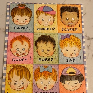 Enfants, Visages, Emoji, Amusant, Émotions, Sourires, Arrière-plan coloré, Feuille d'autocollants, LIG, Artisanat, Décoration, Fabrication de cartes, vintage, ~ 285