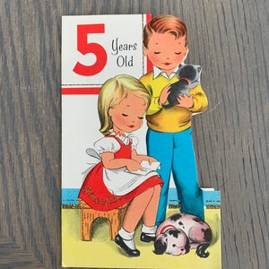 5 ans, fille et garçon avec leur chaton et leur chiot, carte d'anniversaire usagée vintage, carte pliante, Buzza-Cardozo, projet d'artisanat, ~ GC-3 72