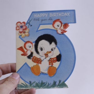 Joyeux 5e anniversaire, conception de pingouin, carte de voeux, pensées, personnalisé, célébrer, sincère, artistique, manuscrit ~ WH-013 222