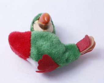 Parrot, Bird, Green-Red, Animal, Flocked, Pencil Topper, 3", Hugger, Plush Grabber, 1980s, Figurine, Stationery, Vintage, ~ 20-34-1196