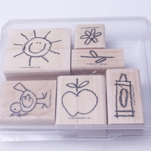 Pomme, Oiseau, Soleil, Fleur, Crayon, Plante, Nature, - Jeu de timbres, Bois, Caoutchouc, Timbres de message - millésime - 20-01-10 ~ 20-01-1000