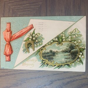 Atenciosamente, floral, cartão postal, imagem em relevo, 1910, USADO, carimbado, escritos, cartão de mensagem, papelaria, vintage, colecionável ~ GC-1 1009