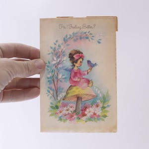 Années 1960, fille au champignon, rétablissement, carte de voeux, OCCASION, pliage, papier, création artisanale, souvenirs, artistique, vintage, 250125-WH 96