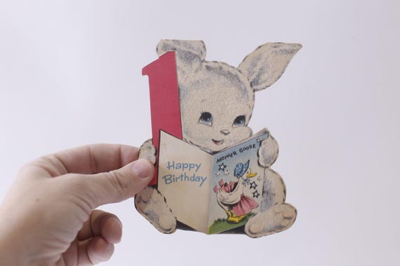 誕生日、ナンバー1、かわいいウサギ、1930年代のグリーティングカード