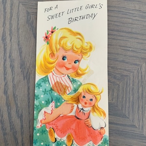 Sweet Little Girl's Birthday, Girl Holding a Doll, Vintage Used Greeting Card, Folding, Craft Project, ~ GC-3 72