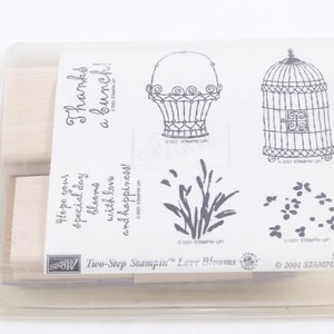 Stampin Up de dos pasos Love Blooms Happiness Thanks Stampin Up - Juego de sellos Sellos de mensajes de goma de madera - Vintage - Fabricación de tarjetas ~ 132
