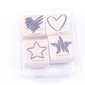 Garabatos, Estampado de dos pasos, Estrella, Corazón, Stampin Up, 2000, - Juego de sellos, Madera, Caucho, Sellos de mensaje - Vintage - Fabricación de tarjetas ~ 20-01-106