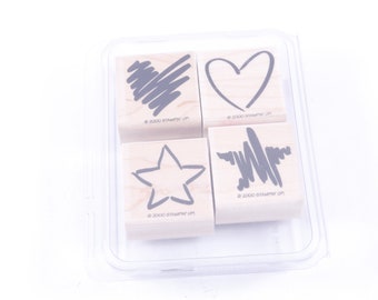 Garabatos, Estampado de dos pasos, Estrella, Corazón, Stampin Up, 2000, - Juego de sellos, Madera, Caucho, Sellos de mensaje - Vintage - Fabricación de tarjetas ~ 20-01-106