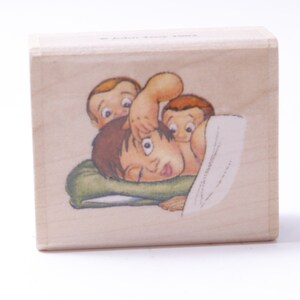 Kids Wake Mom, Fête des mères, Famille, Drôle, Humoristique, John Troy, 1992, Timbre de message, Bois, Caoutchouc, Tampon, vintage, Fabrication de cartes, ~ M-05-04