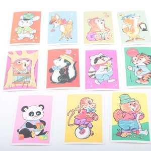 Reserva de sucata, ilustrado, animal, cartões, vintage, fofo, colorido, conjunto, feliz, tigre, macaco, panda, coelho, cervo, urso, esquilo ~ 20-02-42