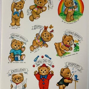 Stickers enseignant ours en peluche Cartes de marque 1981 feuille d'autocollants unique éducation scolaire Stickers enfants vintage ~ 20-01-186