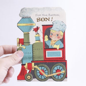 Little Boy in a Locomotive, Son's Birthday Card, USED, Shape Card, Folding, Cute Card, Adorable Scene, Craft Project, Vintage, ~ WH-08 1294