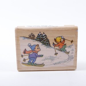 Esquí de fondo Niños Invierno - Sello de mensaje - Sello de goma de madera - Vintage - Fabricación de tarjetas ~ 20-11-378