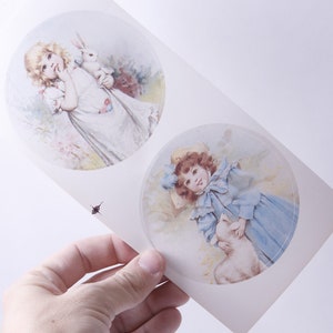 Kinder, Klassisch, Rund, Stickerbogen, Kleines Mädchen mit Tier, Hase, Ziege, Entzückend, Retro Style, Handwerk, Hobby, Kartenherstellung ~ 20-01-597
