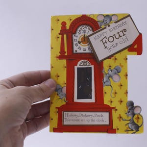 1970s Grandfather Clock and Cute Little Mice, Vintage Used Birthday Card, Shape Card, Home Decor, Craft Project, ~ 240907-WH 1149