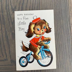 Happy Birthday to a Fine Little Boy, Funny Puppy on a Bicycle, Vintage Used Greeting Card, Folding Card, Sangamon, Craft Project, ~ GC-3 72