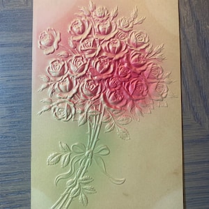 Buquê de rosas, flores, cartão postal, imagem em relevo, cores pastel, anos 1900, USADO, escritos, cartão de mensagem, papelaria, vintage, ~ GC-1 1009