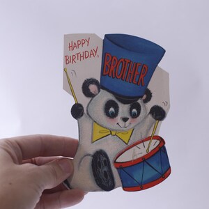 Cute Panda Playing Drums, Vintage Used Birthday Card, Happy Birthday Brother, Shape Card, Home Decor, Craft Project, ~ 240907-WH 1149