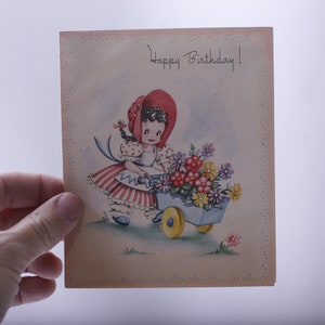 Girl with Flower Cart, Happy Birthday, Greeting Card, Used, Retro, Gifting, Framing, Craft Project, ~ 240128-WH 804