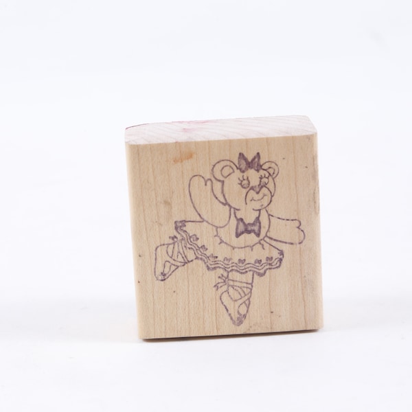 Lisa Frank Bear Dancing Ballerina Dancer Dress Bow Animal - Message Stamp - Wooden Rubber Stamp - Vintage - Card Making ~ 20-01-118