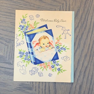Welcome Baby Dear, schattige baby in een wieg, vintage gebruikte wenskaart, bloemenomslag, vouwen, knutselproject, ~ GC-5 66