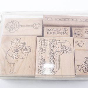 Baby Geburt Baby Shower Geschenk von Gott Blume Teddybär Herz Krippe - Stempel Set Holzgummi Message Stamps - Vintage ~ 20-18-622
