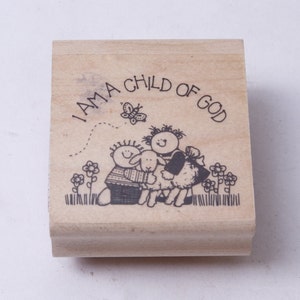 Je suis un enfant de Dieu, enfants, agneau, papillon, fleurs, amour, tampon message, bois, caoutchouc, tampon, vintage, fabrication de cartes, ~ 20-31-1078