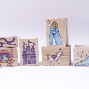 Cenerentola, Fiaba, Principessa, Castello, Fata, Cavallo, Carrozza, Set di francobolli, Legno, Gomma, Francobolli messaggio, Vintage, Fabbricazione di carte, ~ M-05-02