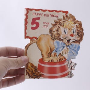 Anni '30, Leone, Topo, Circo, Compleanno, Cinque anni, Biglietto di auguri, USATO, Pieghevole, Carta, Artigianato, Ricordi, Artistico, Vintage 250125-WH 95