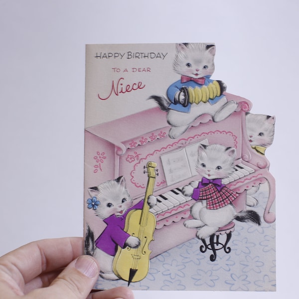 Cats Orchestra, Piano, Bass Violin, Concertina, Card, Used, Greeting Card, Folding, Shape, Keepsake, Retro, Craft Project, ~ WH-012 204