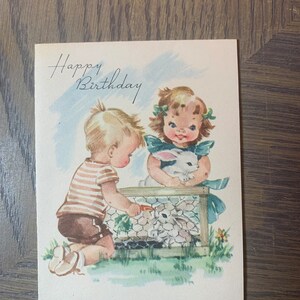 Girl and Boy Feeding Cute Rabbits, Happy Birthday, Vintage Greeting Card, The Sunshine Line, Craft Project, Collectible, ~ GC-2 57