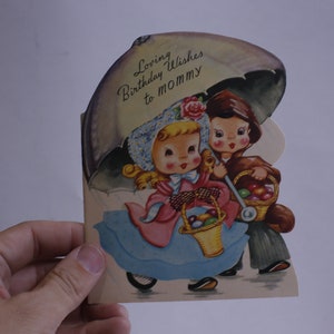 Kids Holding Umbrella and Baskets with Eggs, Card, Used, Greeting Card, Folding, Keepsake, Retro, Craft Project, Vintage, ~ WH-012 207