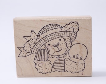 Adorable, Oveja, Hembra, Vestida, Sombrero, Sonriendo, Amistad, Sello de Mensaje, Madera, Goma, Sello, Vintage, Fabricación de Tarjetas, ~ 20-11-367