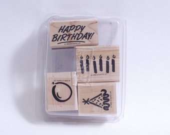 Happy Birthday, Balloon, Six Candles, Party Hat, Stamp Set, 1996, Stampin Up, Rubber, Wooden, Card Making, Scrapbooking, Craft, ~ WH-016 546