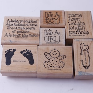 Baby Shower, Niño, Niña, Poesía, Broche para pañal, Pies pequeños, Juego de sellos, Madera, Caucho, Sellos con mensajes, Vintage, Fabricación de tarjetas, ~ 586