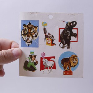 Circus, Dieren, Tijger, Olifant, Aap, Paard, Leeuw, Stickervel, Kaarten maken, Vintage, ~ 20-01-480