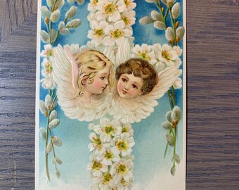 Wishing You Easter Joy, Cherubs by Floral Cross, Vintage Victorian Postcard, 1908, Embossed Paper, Craft Project, Collectible, ~ GC-2 57