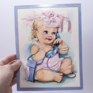 Hola, Cumpleaños, Saludos Coby Card, Bebé con teléfono, Ropa rosa, Papelería plegable, Fiesta, Suministro, Niños, Vintage, ~ M-15-02