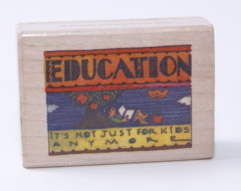 Educación, no solo para niños, persona que lee un libro, árbol, sol, sello de mensaje, madera, caucho, sello, vintage, fabricación de tarjetas, ~ 20-11-367