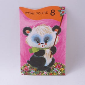 Aniversário, 8 anos, cartão de felicitações, panda com bandeira, cartão em forma, dobrável, papelaria, festa, abastecimento, crianças, vintage, ~ 20-01-1145