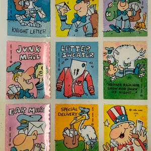 Pegatinas de sello postal de cartero, tarjetas Hallmark, hoja de pegatinas individuales, 1984, cartas postales, dibujos animados, pegatinas vintage para niños ~ 20-01-517
