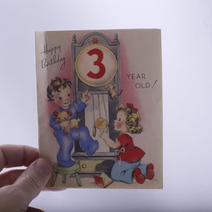 Children Looking at Grandfather Clock, 3-Year-Old Birthday, Greeting Card, Used, Retro, Gifting, Framing, Craft Project, ~ 240128-WH 804
