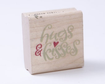 Abrazos y besos, Corazón, Amistad, Amor, Frase, Sello de mensaje, Madera, Goma, Sello, Vintage, Fabricación de tarjetas, ~ 20-11-368