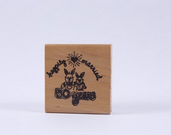 Gelukkig Getrouwd, 50 Jaar, Verjaardag, Konijnen Paar - Boodschap Stempel - Houten, Rubber, Stempel - Vintage - Kaart maken ~ 20-01-133