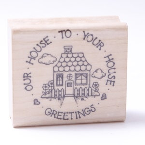 Notre maison à votre maison, Salutations, Pendaison de crémaillère, Déménagement, Timbre de message, Bois, Caoutchouc, Tampon, vintage, Fabrication de cartes, ~ M-05-04