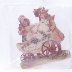 Victoriaanse wenskaart, Pasen, Goede wensen, Kinderen, Bloemen, Konijn, Koets, Wenskaart, Vakantie, 7 ", Hobby, Vintage, ~20-01-1163