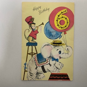 Circus Elephant with Monkey, 6th Birthday, Greeting Card, USED, Folding, Paper, Craft, Memorabilia, Artistic, Vintage, ~ WH-012 209